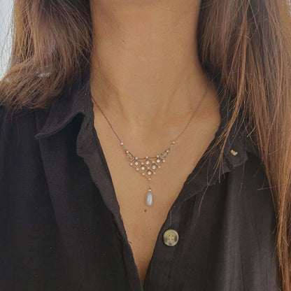 Antique Belle Epoque Natural Pearl and Diamond Pendant Necklace