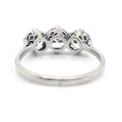 Art Deco 1.95ct Old Cut Diamond Three Stone Engagement Ring, set with three old European transitional cut diamonds in platinum, Circa 1920s