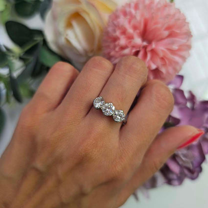 Art Deco 1.95ct Old Cut Diamond Three Stone Engagement Ring, set with three old European transitional cut diamonds in platinum, Circa 1920s