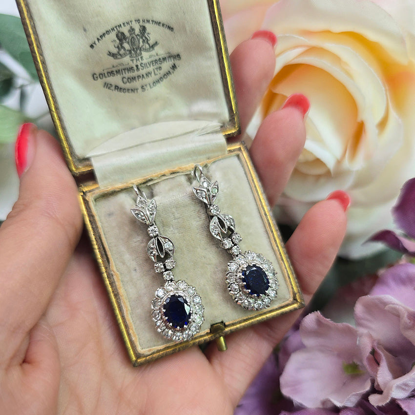 Vintage Sapphire and Diamond Cluster Drop Earrings, pair of pre-owned sapphire and diamond drop earrings in 18ct white gold to 12ct gold wire backs