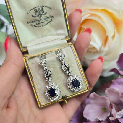 Vintage Sapphire and Diamond Cluster Drop Earrings, pair of pre-owned sapphire and diamond drop earrings in 18ct white gold to 12ct gold wire backs