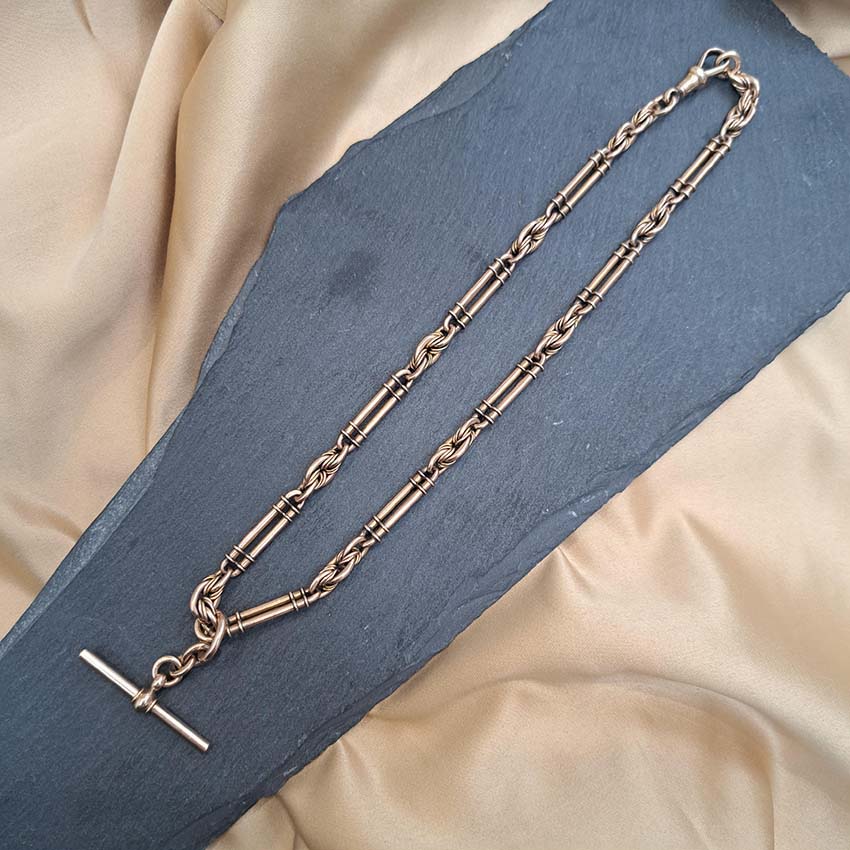 Victorian Antique 9ct Gold Albert Chain Necklace, 9ct yellow gold antique Albert chain necklace with T-bar pendant.