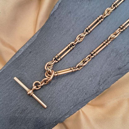 Antique 9ct Yellow Gold Albert Chain Necklace with T-bar pendant.