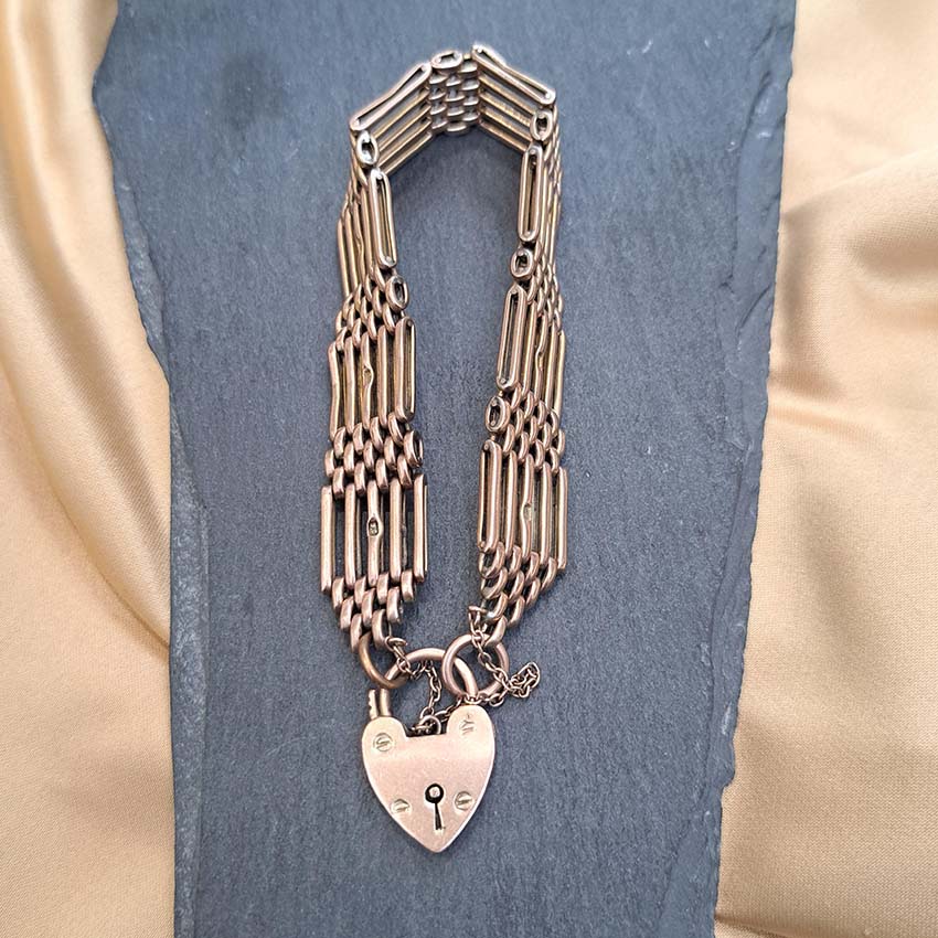 Antique 9ct Yellow Gold Gate Link Bracelet with Heart Padlock Clasp