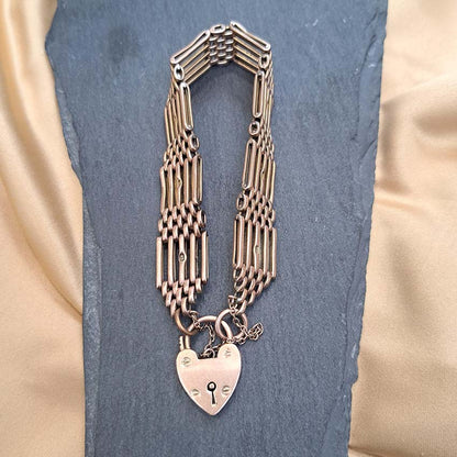 Antique 9ct Yellow Gold Gate Link Bracelet with Heart Padlock Clasp