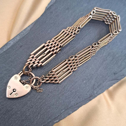 Antique 9ct Yellow Gold Gate Link Bracelet with Heart Padlock Clasp