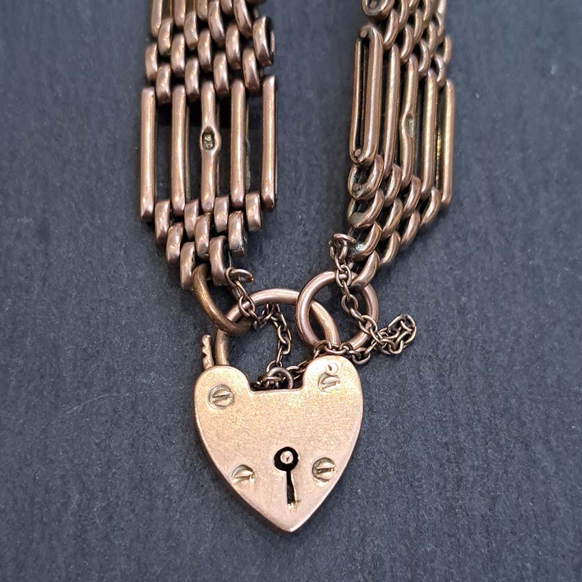Antique 9ct Yellow Gold Gate Link Bracelet with Heart Padlock Clasp