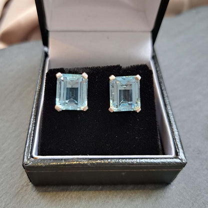 Emerald Cut Aquamarine Stud Earrings in 18ct White Gold