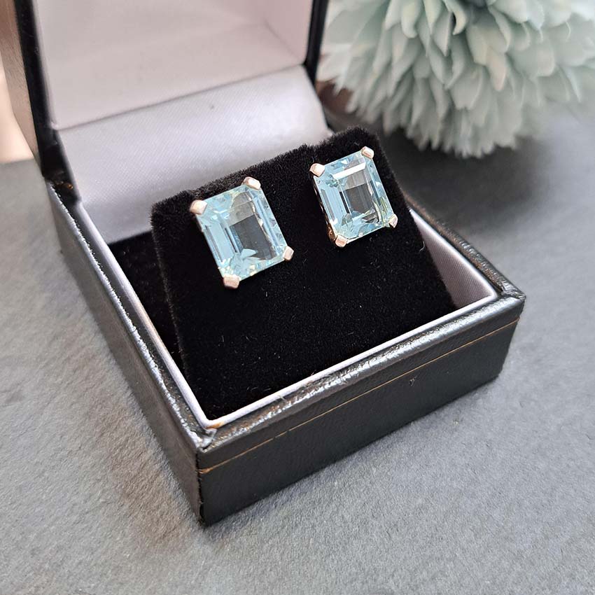 Emerald Cut Aquamarine Stud Earrings in 18ct White Gold