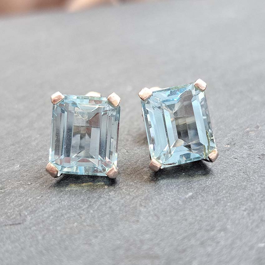 Emerald Cut Aquamarine Stud Earrings in 18ct White Gold
