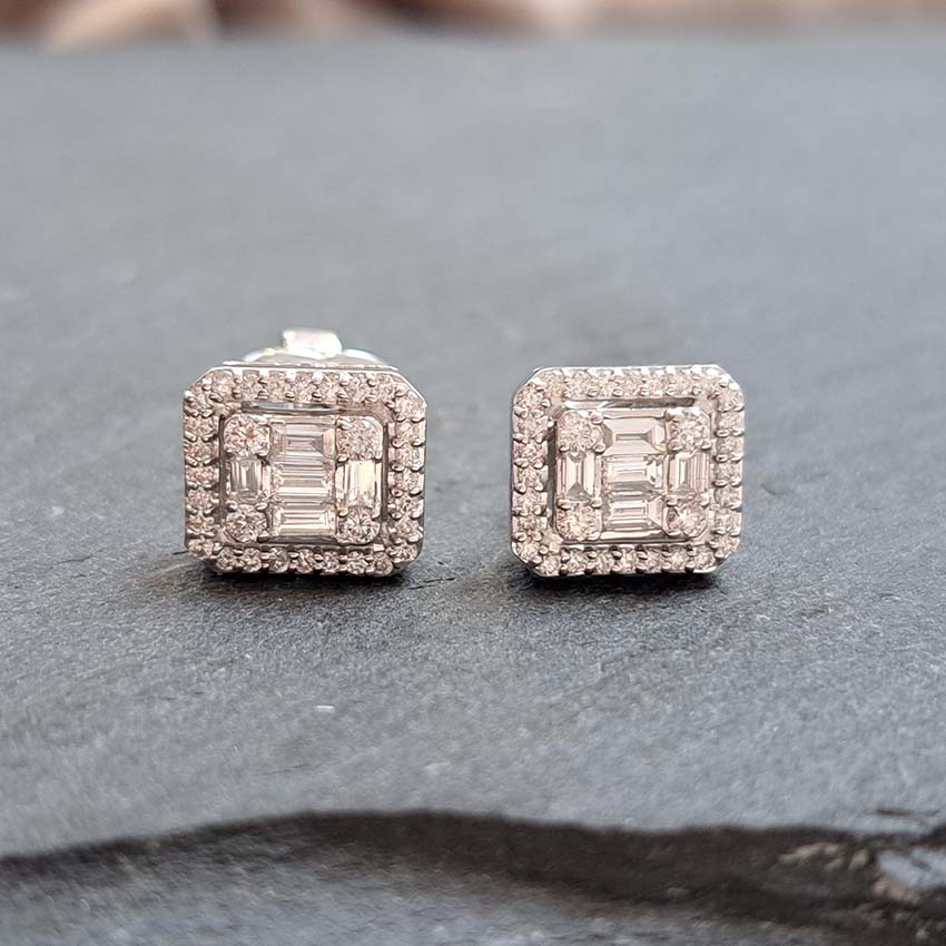 0.56ct Baguette and Brilliant Cut Illusion Set Diamond Cluster Stud Earrings, set with 0.56 carats of multi cut diamonds in 18ct white gold