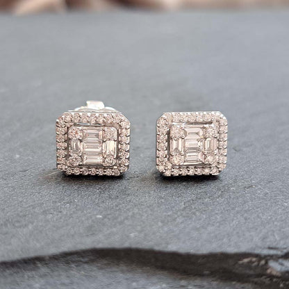 0.56ct Baguette and Brilliant Cut Illusion Set Diamond Cluster Stud Earrings, set with 0.56 carats of multi cut diamonds in 18ct white gold