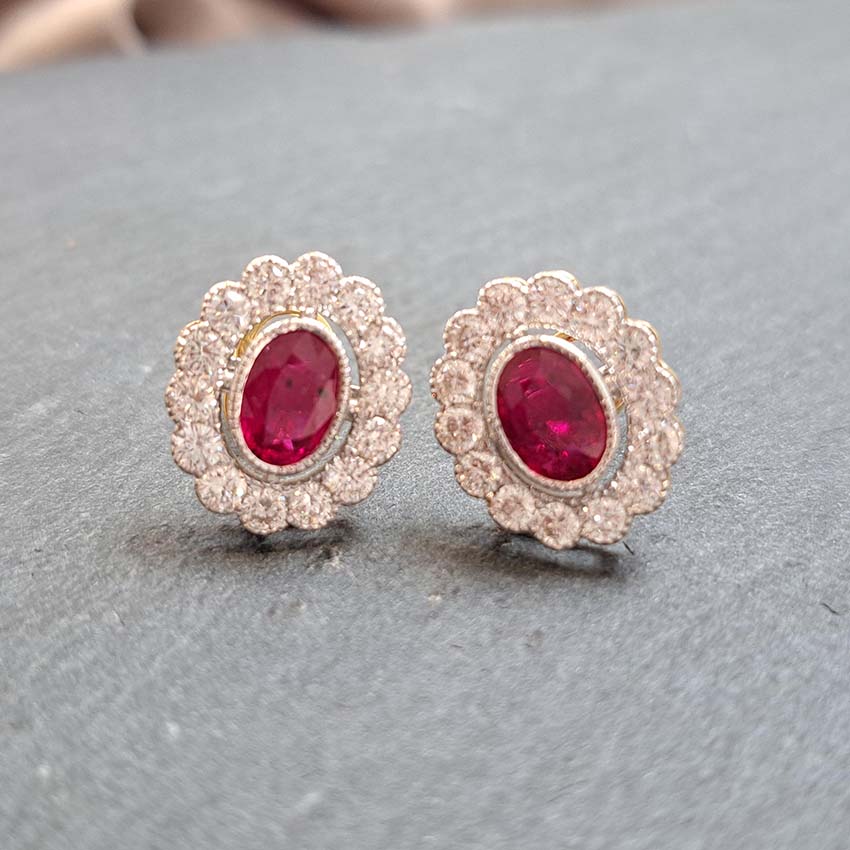 Oval Shape Ruby and Diamond Cluster Earrings 