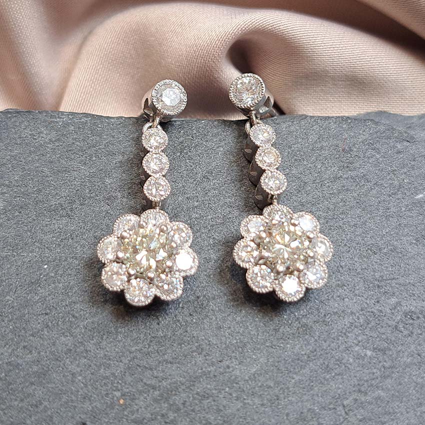 Vintage Diamond Cluster Drop Earrings, 2.10 carats
