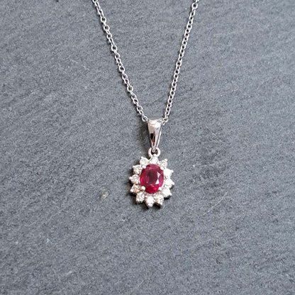 0.62ct Oval Ruby and Diamond Cluster Pendant with Chain