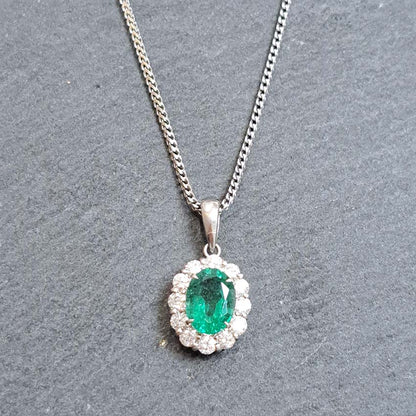 1.66ct Oval Emerald and Diamond Cluster Pendant with Chain