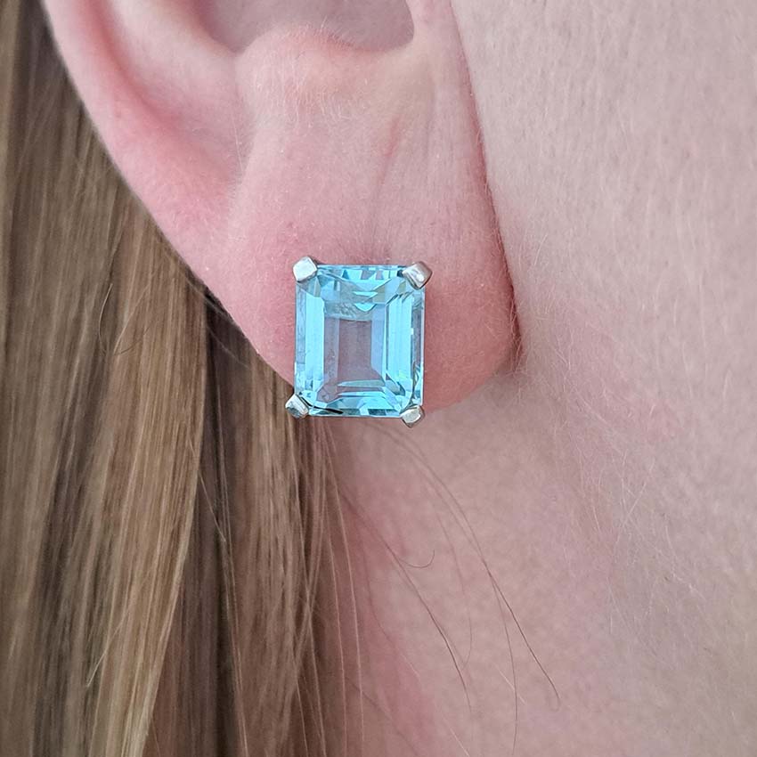 Emerald Cut Aquamarine Stud Earrings in 18ct White Gold