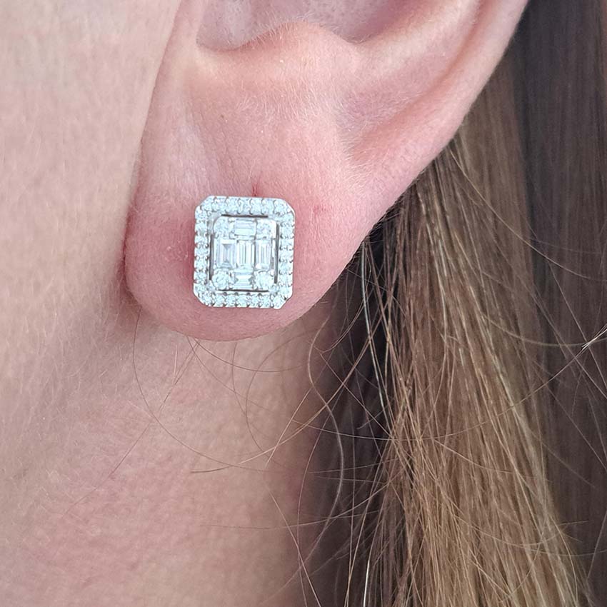 0.56ct Baguette and Brilliant Cut Illusion Set Diamond Cluster Stud Earrings, set with 0.56 carats of multi cut diamonds in 18ct white gold