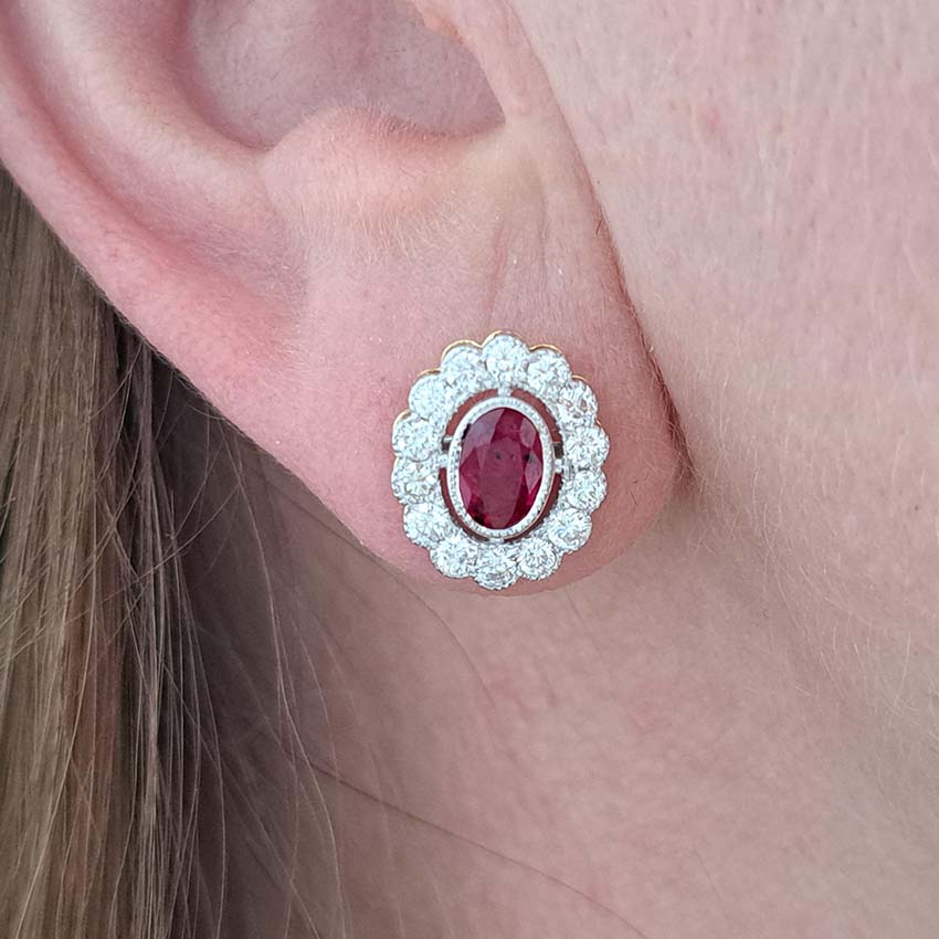 Oval Shape Ruby and Diamond Cluster Earrings 