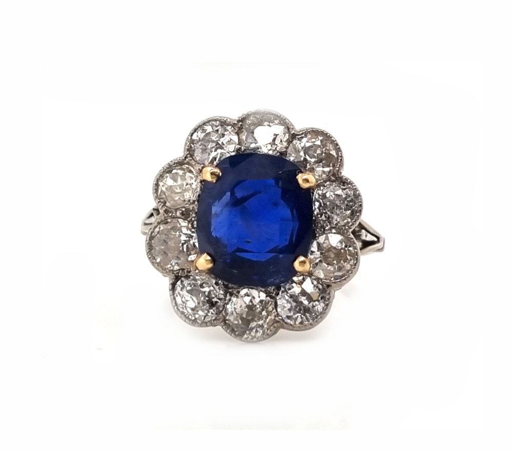 Antique Art-Deco Burma no heat sapphire and diamond cluster engagement ring