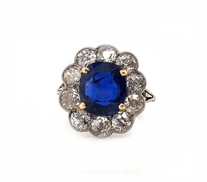 Antique Art-Deco Burma no heat sapphire and diamond cluster engagement ring