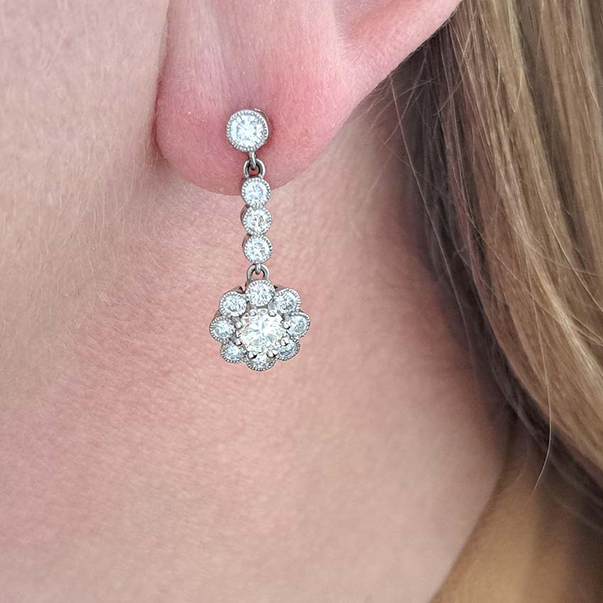 Vintage 2.10ct Diamond Cluster Drop Earrings