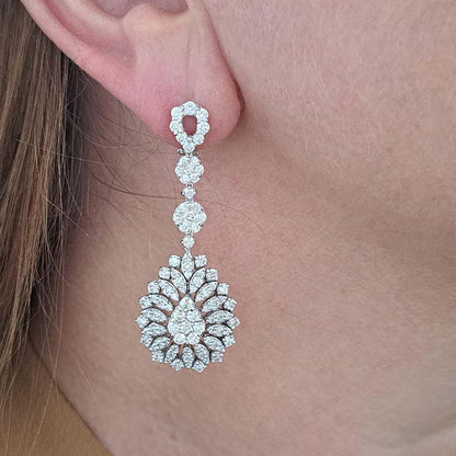 6ct Diamond Pear Shaped Cluster Drop Earrings, 6 carats of sparkling round brilliant-cut diamonds arranged in pear shaped drops accented with marquise shaped surrounds in 18ct white gold