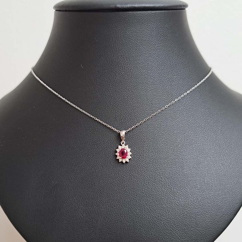 0.62ct Oval Ruby and Diamond Cluster Pendant with Chain