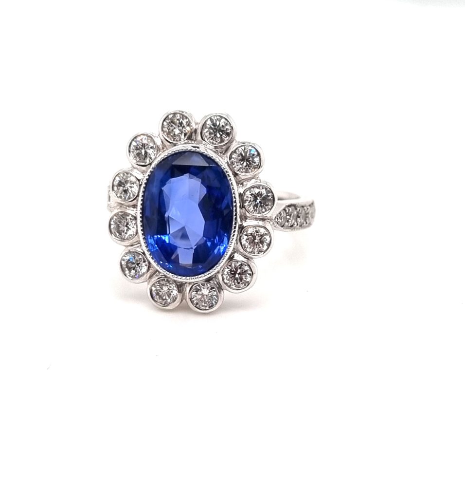 4.0ct No Heat Ceylon Sapphire and Diamond Cluster Engagement Ring