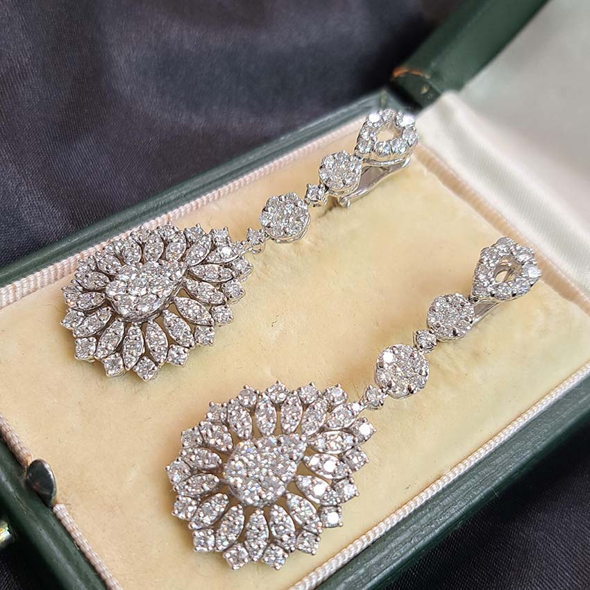 6ct Diamond Pear Shaped Cluster Drop Earrings, 6 carats of sparkling round brilliant-cut diamonds arranged in teardrop shaped drops accented with marquise shaped surrounds in 18ct white gold