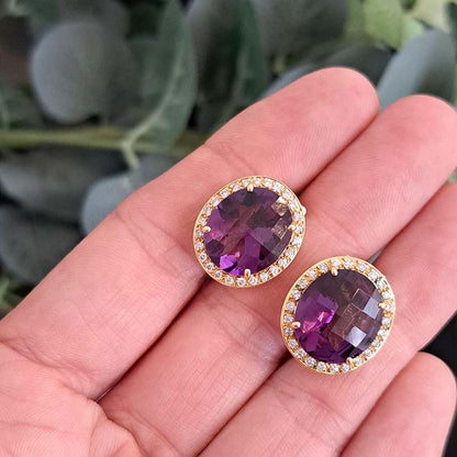 Oval Amethyst and Diamond Halo Cluster Stud Earrings in 18ct Yellow Gold