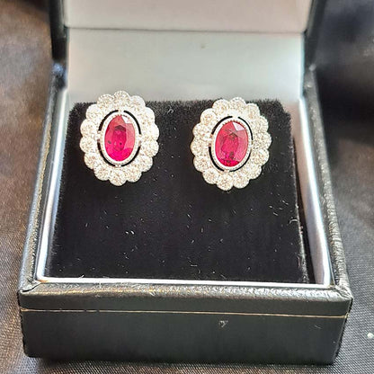 Oval Shape Ruby and Diamond Cluster Earrings 