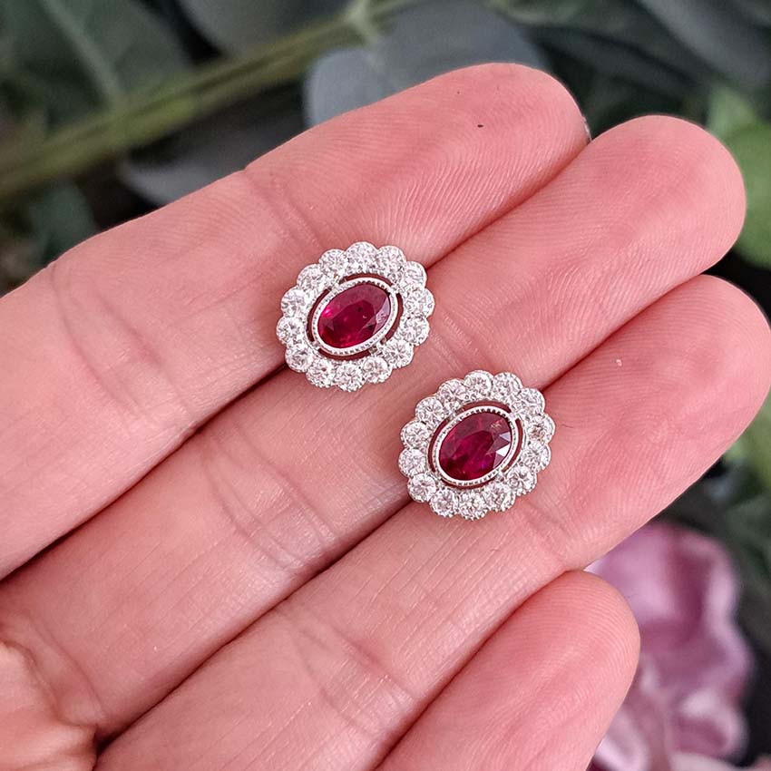 Oval Shape Ruby and Diamond Cluster Earrings 