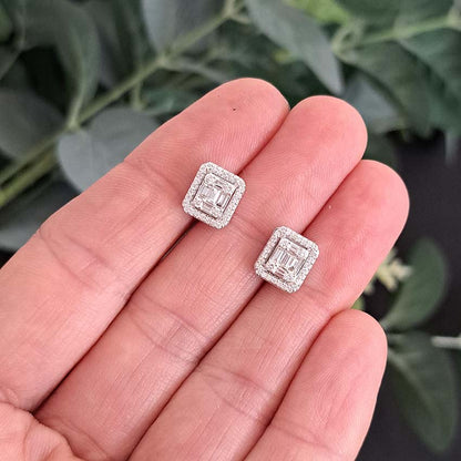 Baguette and Brilliant Cut Illusion Set Diamond Cluster Stud Earrings, set with 0.56 carats of multi cut diamonds in 18ct white gold