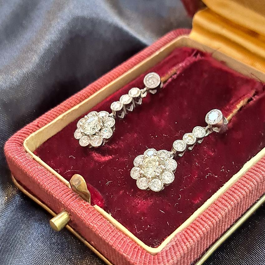 Vintage 2.10ct Diamond Cluster Drop Earrings