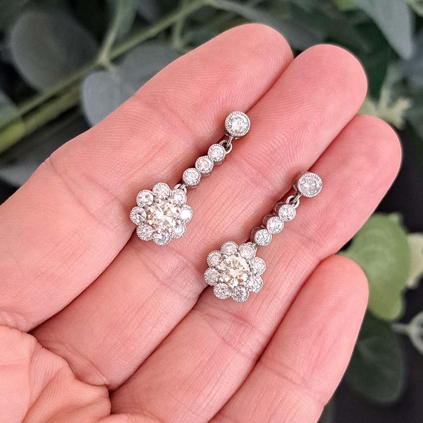 Vintage Diamond Cluster Drop Earrings, 2.10 carat total