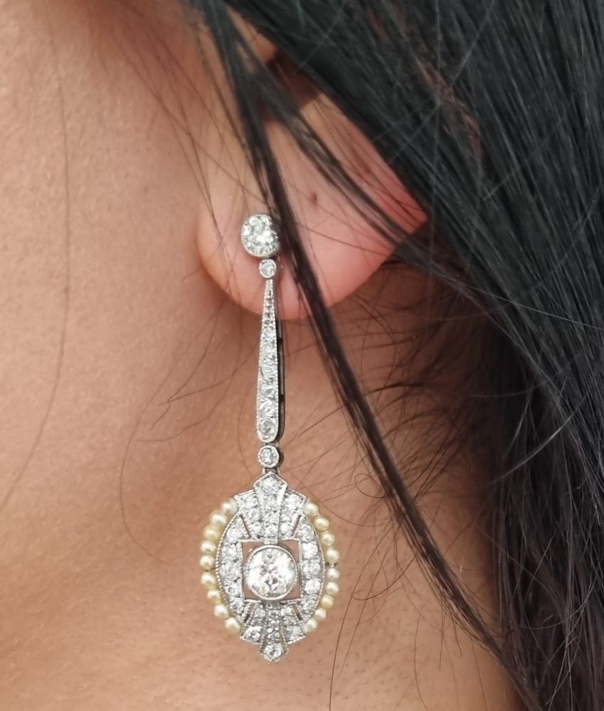 Antique edwardian diamond and natural pearl platinum earrings