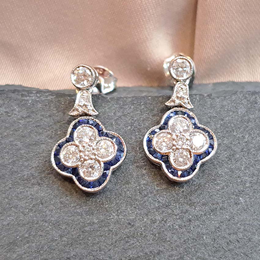 Diamond and Sapphire Quatrefoil Cluster Drop Earrings