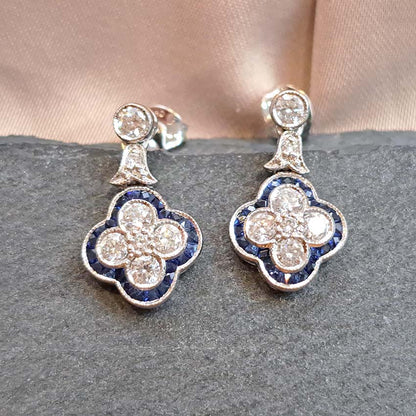 Diamond and Sapphire Quatrefoil Cluster Drop Earrings