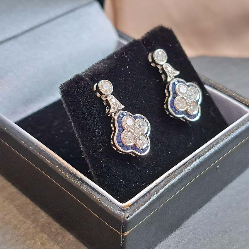Diamond and Sapphire Quatrefoil Cluster Drop Earrings