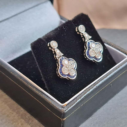 Diamond and Sapphire Quatrefoil Cluster Drop Earrings