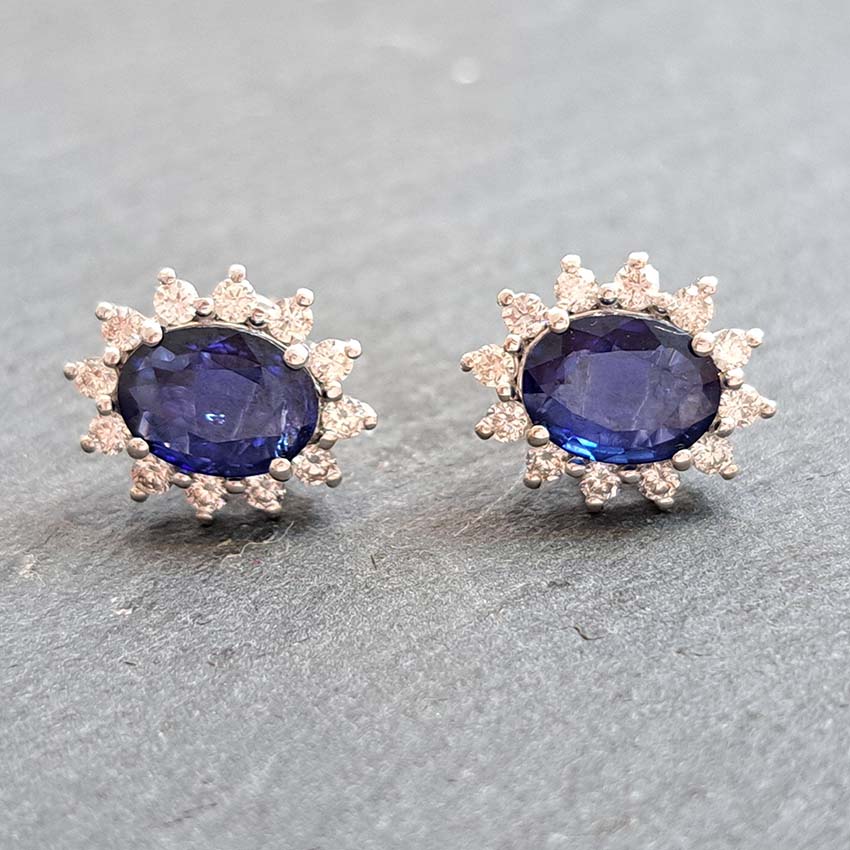 2.25ct Oval Sapphire and Diamond Cluster Stud Earringsv
