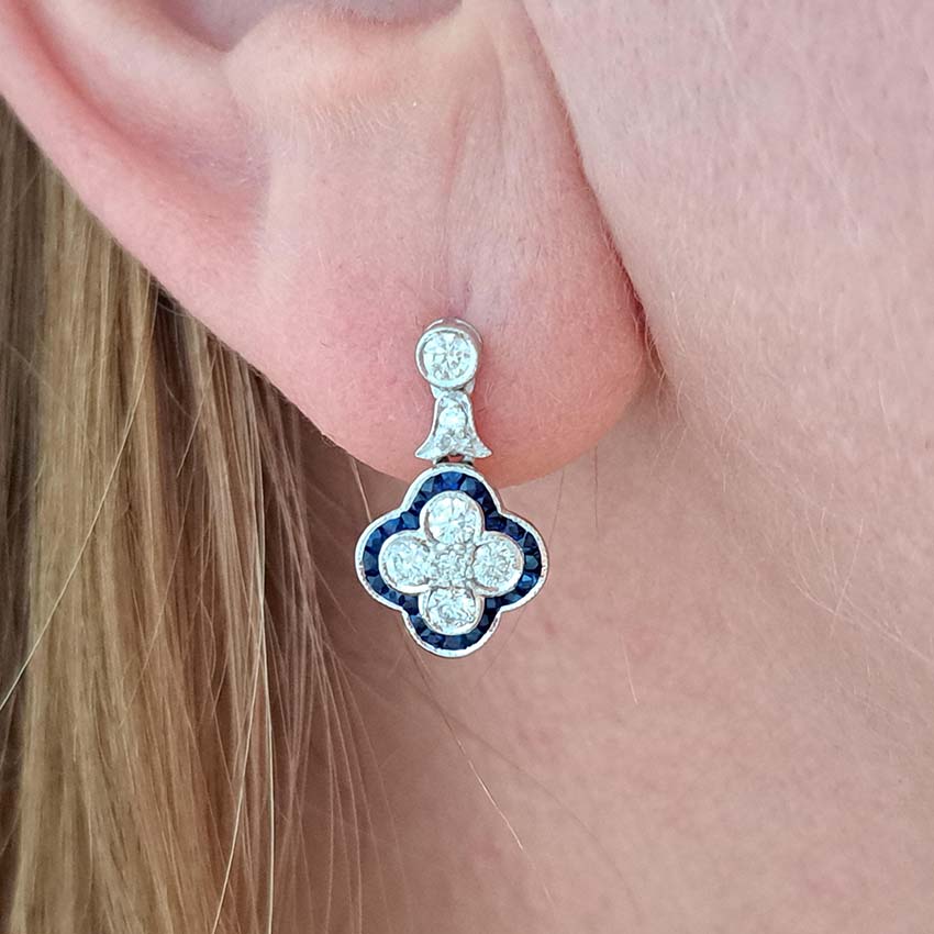 Diamond and Sapphire Quatrefoil Cluster Drop Earrings