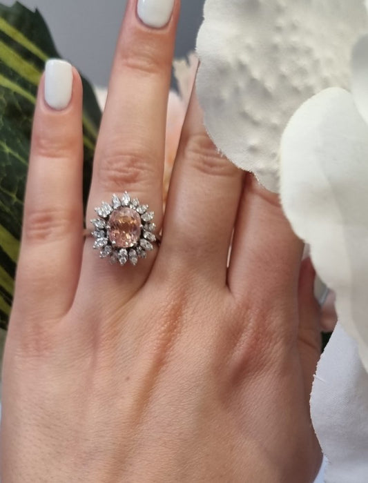 vintage padparadscha sapphire and diamond cluster engagement ring in 18ct white gold