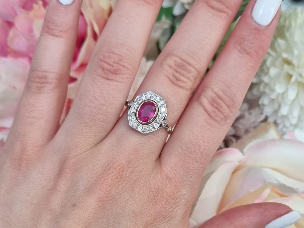 Vintage Burma ruby and diamond cluster ring in platinum and 18ct yellow gold