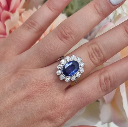 4.0ct No Heat Ceylon Sapphire and Diamond Cluster Engagement Ring