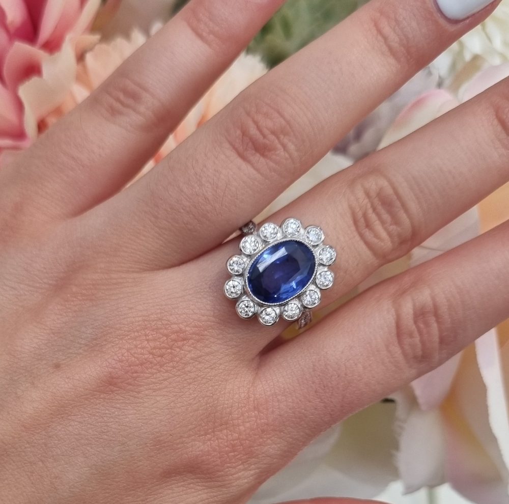 4.0ct No Heat Ceylon Sapphire and Diamond Cluster Engagement Ring