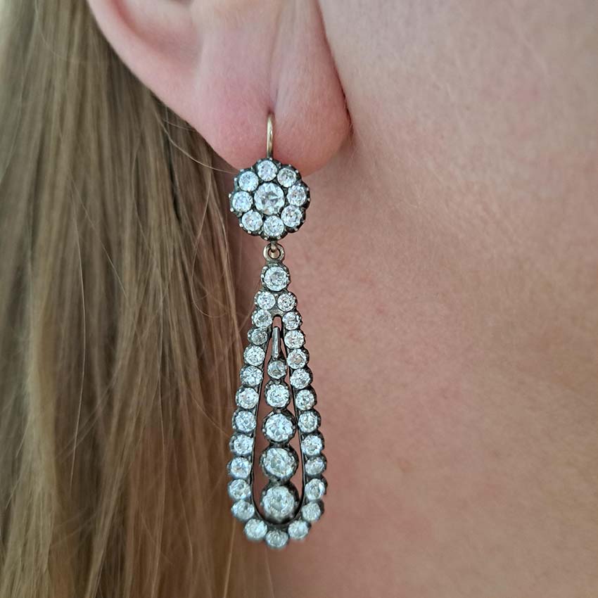 Antique Georgian day to night diamond drop earrings circa 1810 mounted in silver upon gold