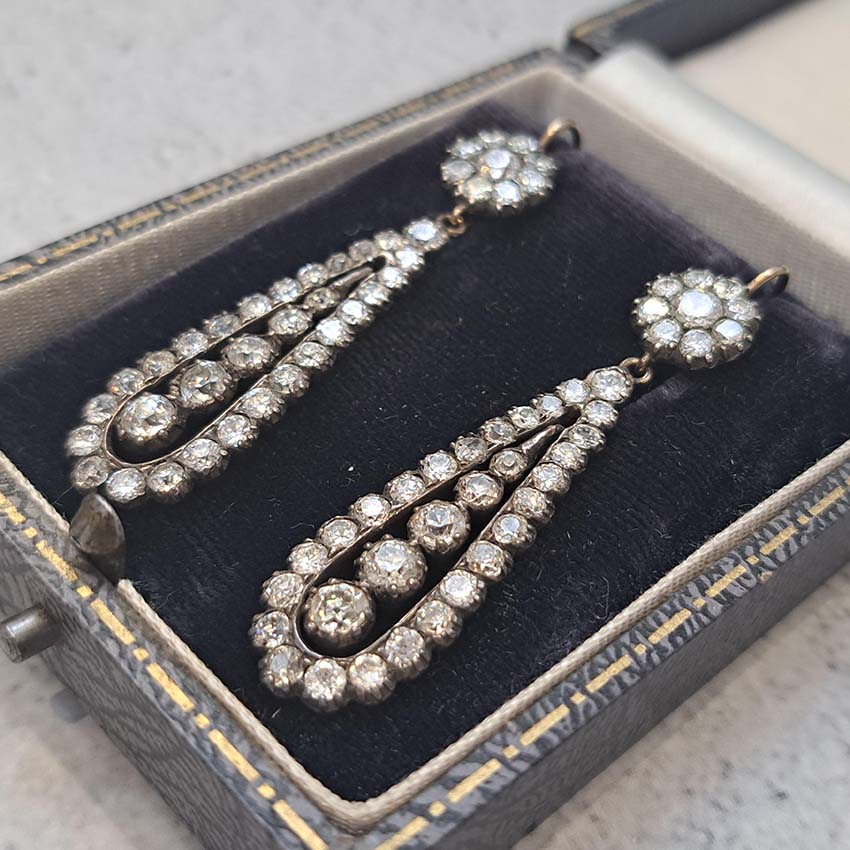Antique Georgian day to night diamond drop earrings circa 1810 mounted in silver upon gold
