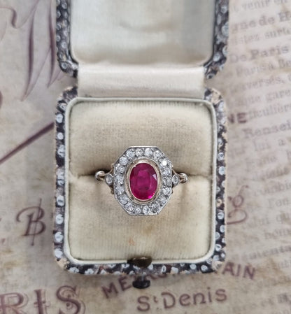 Vintage Burma ruby and diamond cluster ring in platinum and 18ct yellow gold